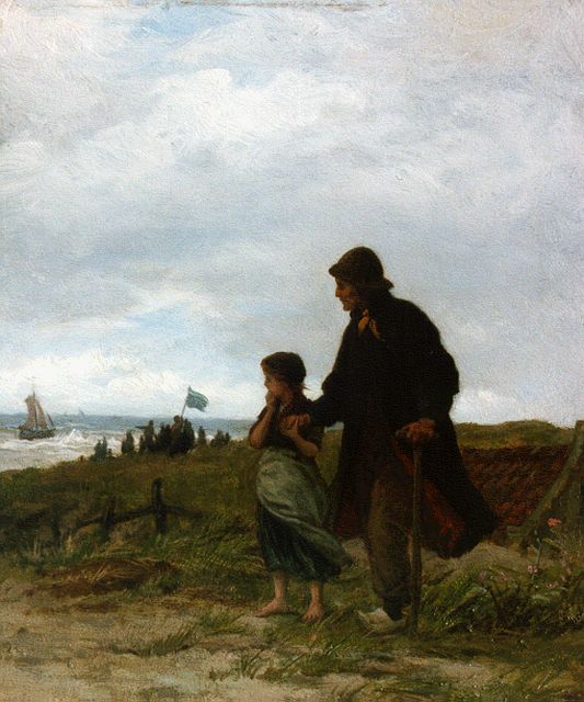 Philip Sadée | Wachtend op de binnenkomst van de vissersvloot, olieverf op paneel, 24,8 x 20,0 cm, gesigneerd r.o.