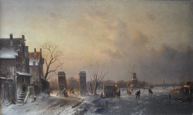 Charles Leickert | Schaatsers en koek-en-zopie bij een tolhek, olieverf op doek, 51,3 x 85,3 cm, gesigneerd r.o.