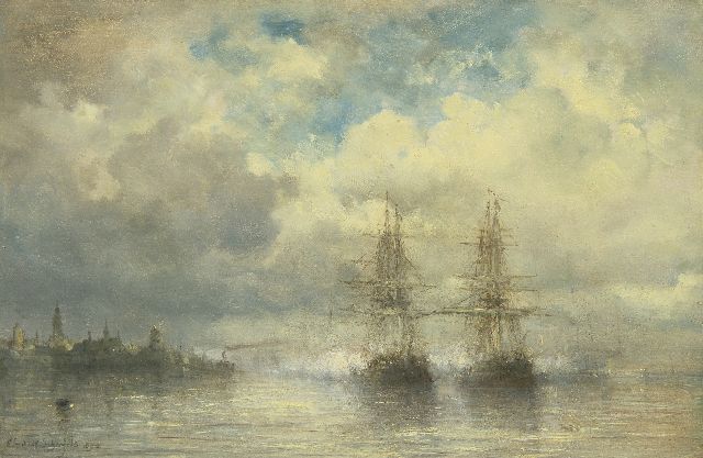 Hendrik Schaefels | Driemasters op de Schelde bij Antwerpen, olieverf op paneel, 31,5 x 48,0 cm, gesigneerd l.o. en gedateerd 1890
