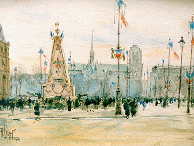 René Leverd | Hotel de Ville, Parijs, gemengde techniek op papier, 14,0 x 18,5 cm, gesigneerd l.o. en gedateerd 1918