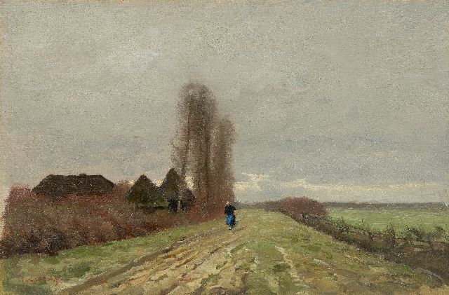 Louis Apol | Boerenvrouw op een landweg, olieverf op doek op paneel, 30,2 x 45,5 cm, gesigneerd l.o.