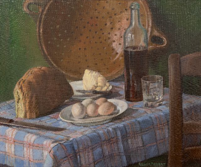 Edgar Fobert | Stilleven met brood, boter en eieren, olieverf op doek, 50,2 x 60,5 cm, gesigneerd r.o.