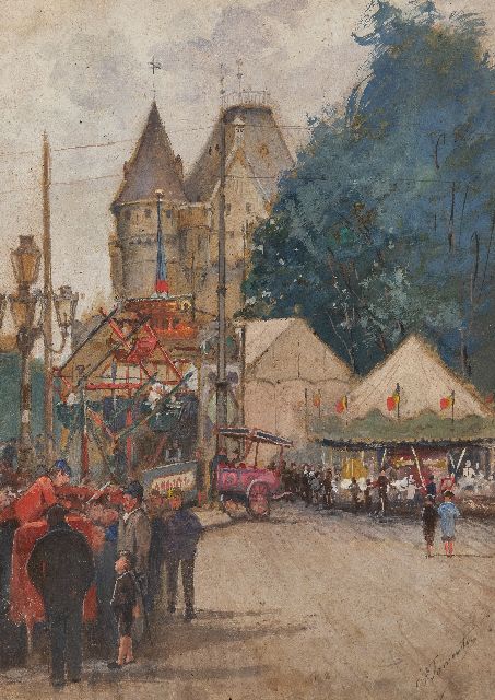 Frédéric Jomouton | Kermis bij Belgisch kasteel, aquarel op schildersboard, 36,2 x 26,2 cm, gesigneerd r.o.