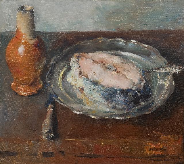Walter Vaes | Moot vis op een tinnen bord, olieverf op doek, 40,1 x 45,1 cm, gesigneerd r.o.