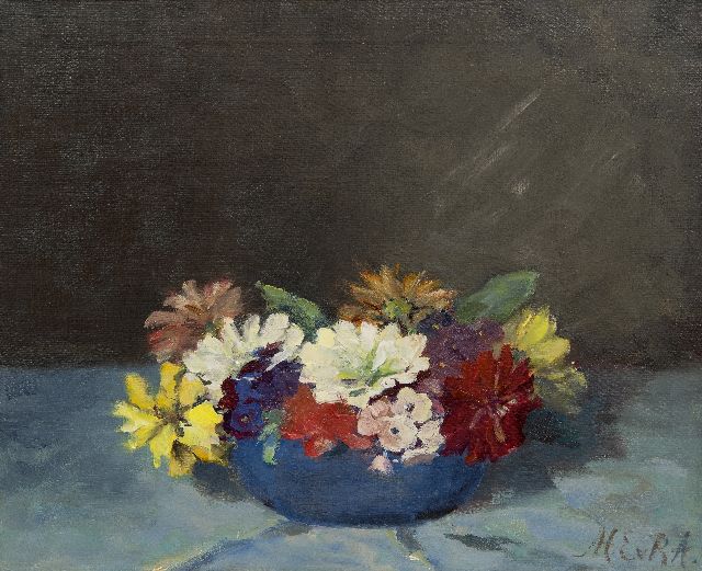 Marie van Regteren Altena | Zinnia's, olieverf op doek, 39,2 x 48,3 cm, gesigneerd r.o. met initialen
