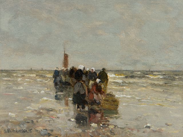 Morgenstjerne Munthe | Visverkoopsters wachtend op het strand van Katwijk, olieverf op paneel, 16,0 x 21,0 cm, gesigneerd l.o. en gedateerd '15