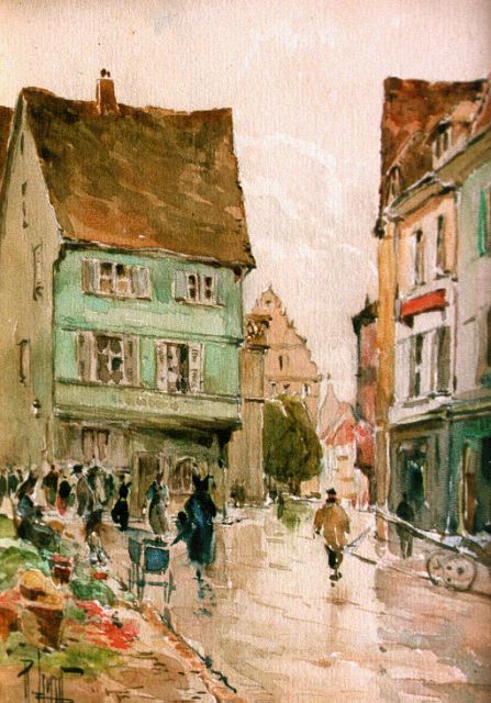 René Leverd | Straatscene in Colmar, (Elzas), aquarel op papier, 18,5 x 13,5 cm, gesigneerd l.o.
