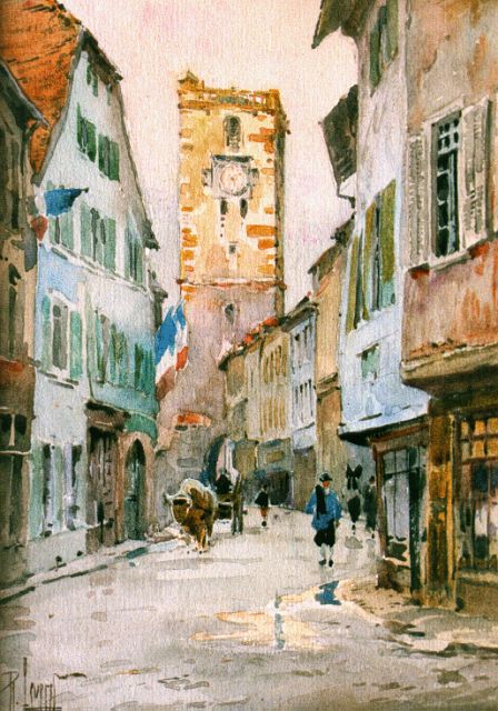 René Leverd | Straatscene met kerktoren in Ribeauville, gemengde techniek op papier, 18,5 x 13,5 cm, gesigneerd l.o.