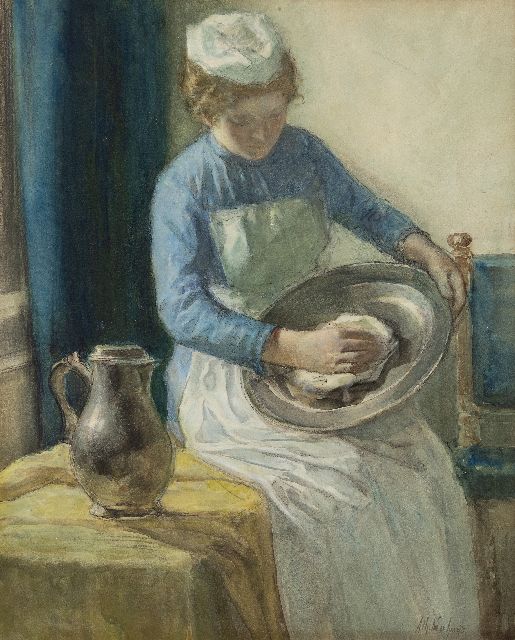 Albert Neuhuys | Het poetsen van de tinnen schaal, krijt en aquarel op papier, 55,3 x 44,7 cm, gesigneerd r.o.