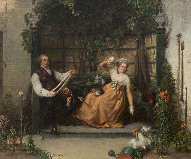 David Bles | Het keeshondje; een Oranjegezinde familie in een tuinprieel, olieverf op paneel, 37,0 x 43,9 cm, gesigneerd l.o. en gedateerd '55