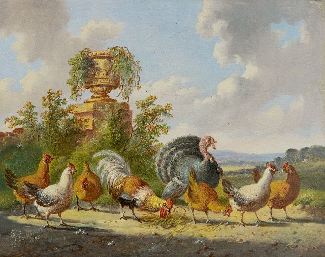 Albertus Verhoesen | Pluimvee in een weids landschap, olieverf op paneel, 14,3 x 18,6 cm, gesigneerd l.o. en gedateerd 1878