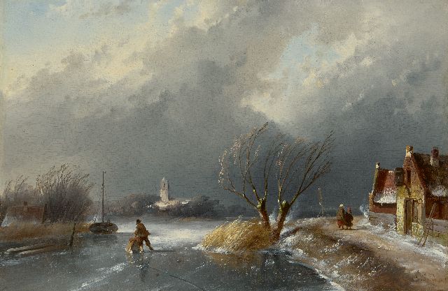 Charles Leickert | Winterlandschap met naderende sneeuwstorm, olieverf op paneel, 23,0 x 34,9 cm, gesigneerd r.o.