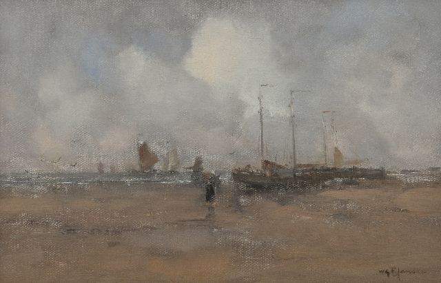 Willem George Frederik Jansen | Strandgezicht met vissersvrouw en pinken, olieverf op doek, 30,1 x 45,5 cm, gesigneerd r.o.