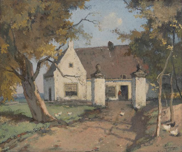 Ype Wenning | Boerenerf met boerin en kippen, olieverf op doek, 50,1 x 60,3 cm, gesigneerd r.o.