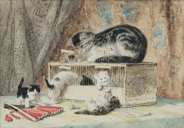 Henriette Ronner-Knip | Moederpoes en kittens spelend met een vogelkooi, aquarel op papier, 30,0 x 55,0 cm, gesigneerd r.o.