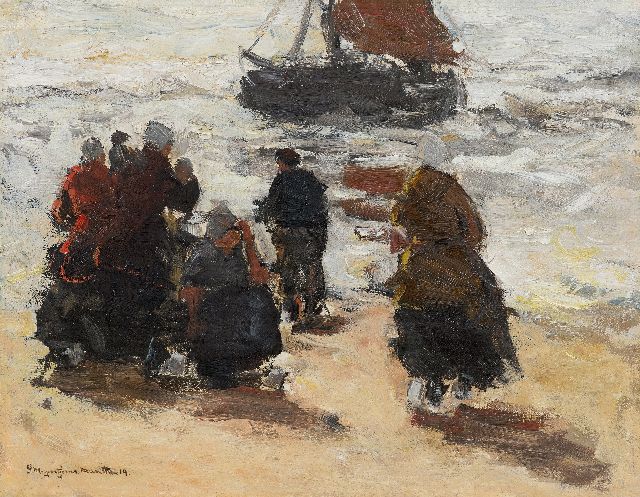 Morgenstjerne Munthe | De aankomst van de bomschuit, olieverf op doek op paneel, 40,1 x 51,1 cm, gesigneerd l.o. en gedateerd '14