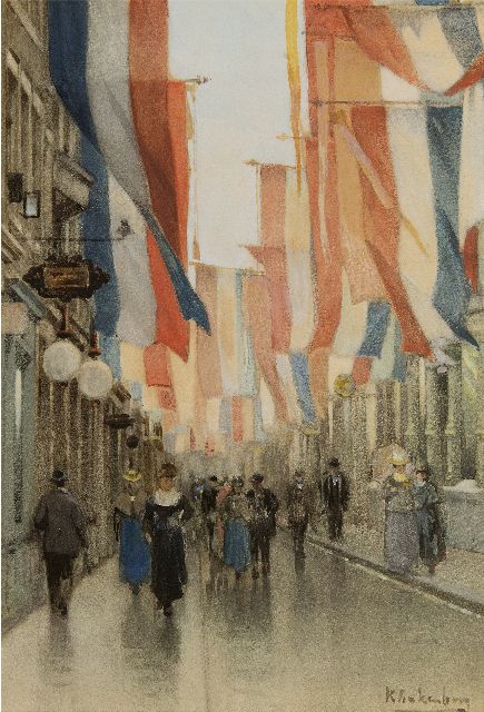 Karel Klinkenberg | De Spuistraat in Den Haag op Koninginnedag, aquarel en gouache op papier, 42,8 x 29,6 cm, gesigneerd r.o.