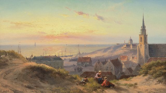 Jan H.B. Koekkoek | Zonsondergang aan het strand van Scheveningen met de Oude Kerk en de koepel van Faassen, olieverf op paneel, 24,0 x 41,5 cm, gesigneerd l.o. en gedateerd 1888  VERKOCHT