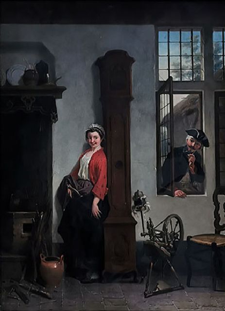 Belgische School, 2e helft 19e eeuw   | Bezoek tijdens het spinnen, olieverf op paneel 69,8 x 49,4 cm, gesigneerd r.o. en gedateerd 1865