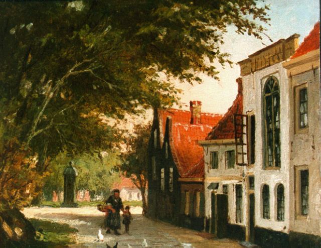 Johannes Jacobus Mittertreiner | Dorpsstraatje met vrouw en kind, olieverf op paneel, 14,5 x 18,2 cm, gesigneerd r.o.