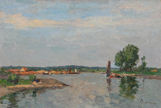 Louis Stutterheim | Rivierlandschap met zeilende aak, olieverf op doek, 40,5 x 60,5 cm, gesigneerd r.o.