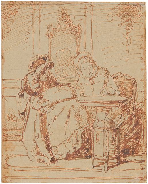 Bakker Korff A.H.  | Het voorlezen van de brief, potlood, pen en inkt op papier 11,0 x 8,8 cm, gesigneerd l.m. met monogram