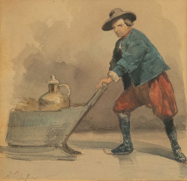 Andreas Schelfhout | Schaatser met toogslee en koperen melkbus, aquarel op papier, 23,0 x 21,0 cm, gesigneerd l.o.