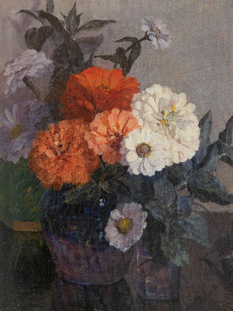 Johanna Haverkamp-Machwirth | Zinnia's, olieverf op doek, 40,5 x 30,5 cm, gesigneerd l.o. en te dateren ca. 1890-1907