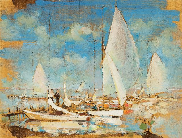 Dirk Kruizinga | Zeilboten aan een steiger, olieverf op paneel, 27,0 x 35,0 cm, gesigneerd l.o.