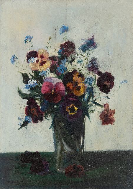 Koeman J.J.  | Violen en vergeet-me-nietjes in een glas, olieverf op doek 46,7 x 33,8 cm, gesigneerd r.o. en zonder lijst