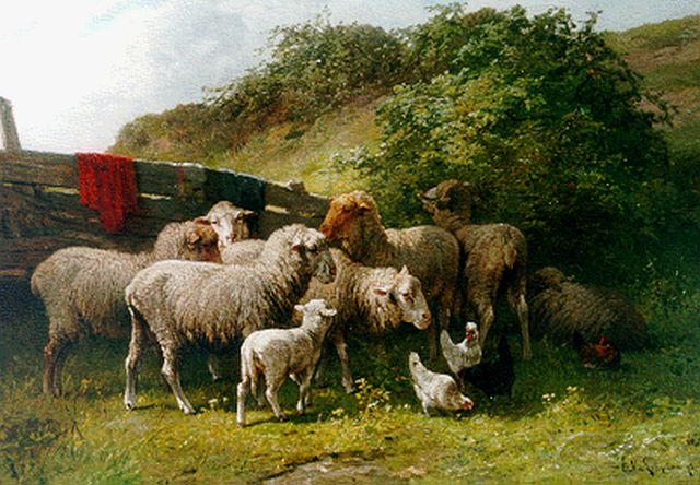 Cornelis van Leemputten | Schapen en kippen bij het hek, olieverf op paneel, 62,3 x 88,5 cm, gesigneerd r.o. en gedateerd '73