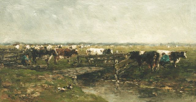 Willem Roelofs | Melkvee aan de sloot van Gouda, olieverf op paneel, 22,5 x 41,2 cm, gesigneerd dubbel