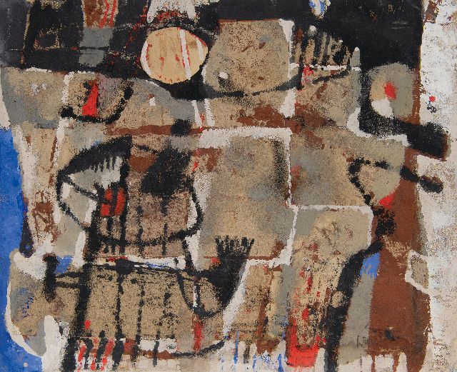 Jaap Wagemaker | Compositie, gemengde techniek en collage op board, 40,8 x 50,3 cm, gesigneerd r.o. (vaag) en gedateerd '55 (vaag)