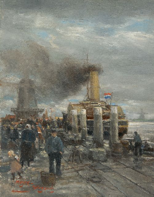Rolf Dieter Meyer-Wiegand | Stoomveer aan de kade, olieverf op paneel, 17,9 x 13,9 cm, gesigneerd l.o.