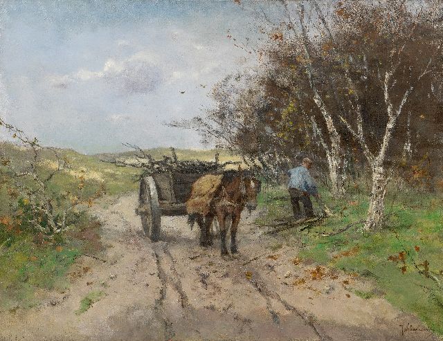 Johan Frederik Cornelis Scherrewitz | Houtsprokkelaar met paardenkar in een duinlandschap, olieverf op doek, 50,0 x 65,5 cm, gesigneerd r.o.
