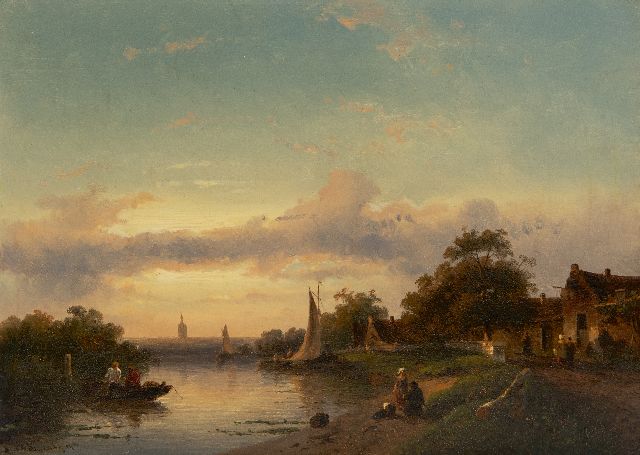 Charles Leickert | Zomers riviergezicht bij ondergaande zon, olieverf op paneel, 23,0 x 31,6 cm, gesigneerd l.o. en gedateerd '54