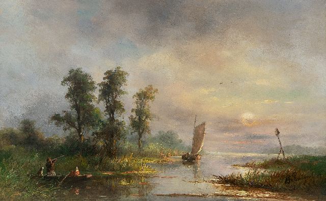 Albert Jurardus van Prooijen | Plaslandschap met jager en zeilscheepje, olieverf op paneel, 38,0 x 60,2 cm, gesigneerd r.o. en gedateerd '97
