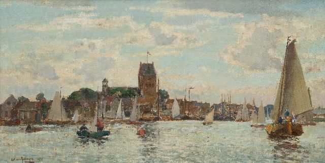 Gerbrand Frederik van Schagen | Terug van de zeilwedstrijd bij Grou, olieverf op doek, 36,5 x 71,3 cm, gedateerd 1931