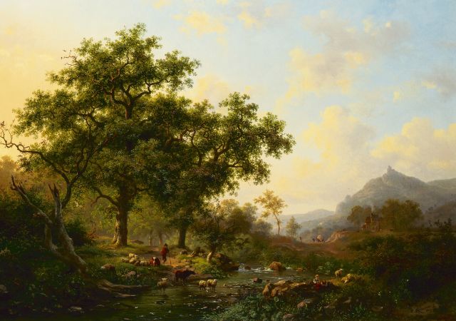 Frederik Marinus Kruseman | Boomrijk rivierlandschap met drinkende koeien, olieverf op doek, 50,0 x 70,0 cm, gesigneerd r.o. en gedateerd 1869