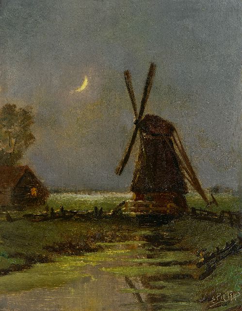 Pieters E.  | Molen bij nacht, olieverf op paneel 24,6 x 19,0 cm, gesigneerd r.o.
