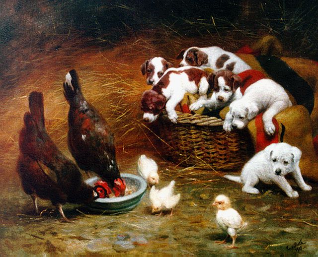 Caspar von Reth | Kameraadjes in de schuur, olieverf op doek, 59,4 x 74,5 cm, gesigneerd r.o. en gedateerd 1909