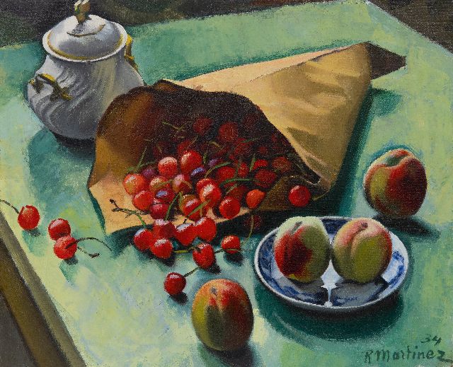 Martinez R.  | Stilleven met een zak kersen en perziken, olieverf op doek 45,2 x 55,3 cm, gesigneerd r.o. en gedateerd '34, zonder lijst