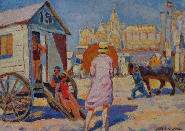Belgische School, eerste helft 20e eeuw | Strandgezicht met badgasten, olieverf op doek op paneel, 25,3 x 35,0 cm, gesigneerd r.o.