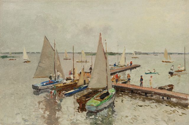 Cornelis Vreedenburgh | Afgemeerde zeilboten op de Loosdrechtse Plassen, olieverf op doek, 59,0 x 89,0 cm, gesigneerd r.o. (resten) en te dateren ca. 1937