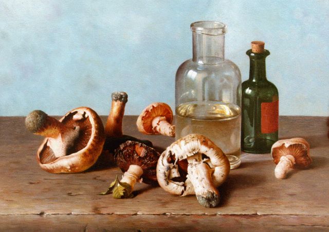 Andreas Gyula Bubarnik | Champignons en twee glazen flesjes op een stenen tafel, olieverf op paneel, 32,8 x 40,8 cm, gesigneerd r.o.