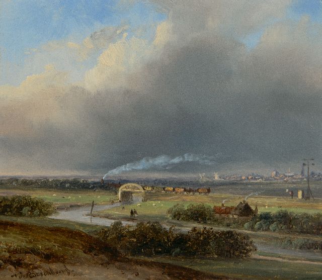 Roosenboom N.J.  | Stoomtrein in panoramisch landschap, olieverf op paneel 13,7 x 15,8 cm, gesigneerd l.o.