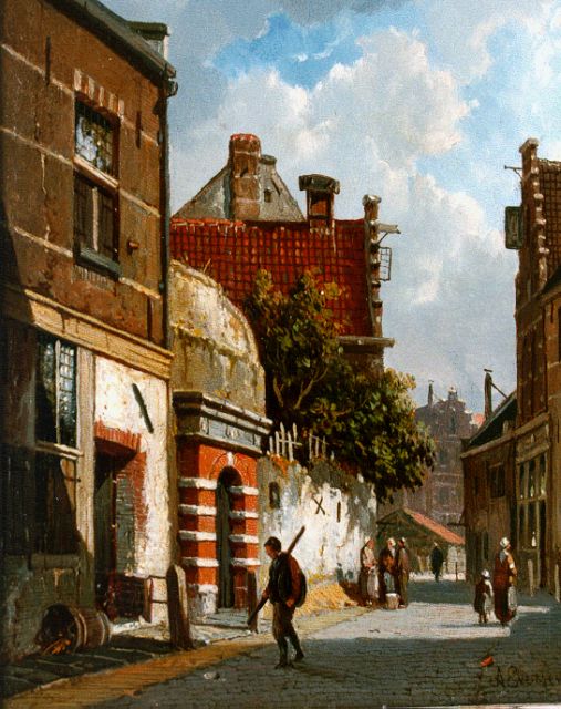 Adrianus Eversen | Zonnig straatje, olieverf op paneel, 19,0 x 15,1 cm, gesigneerd r.o.