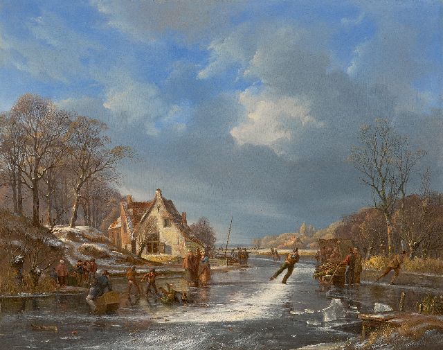 Frans Breuhaus de Groot | Wintergezicht met schaatsers en jongens op het ijs, olieverf op paneel, 39,0 x 49,0 cm