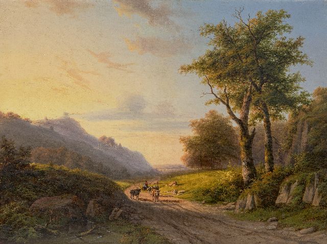 Willem Simon Petrus van der Vijver | Heuvellandschap met herder in de namiddag   (alleen tezamen met pendant), olieverf op doek, 39,6 x 52,5 cm, gesigneerd r.o. en gedateerd 1851