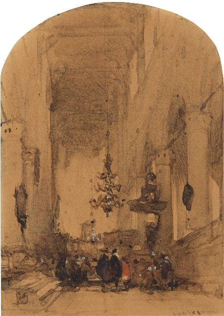 Johannes Bosboom | Figuren in de Pieterskerk, Leiden, inkt en aquarel op papier, 11,9 x 8,4 cm, gesigneerd r.o.